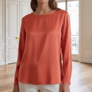 Diane Gilman 100% Silk Rust Blouse Size 8 | Gold Metallic Piping Detail